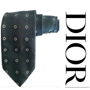 Christian Dior vintage mens tie green pattern background with white & red accent